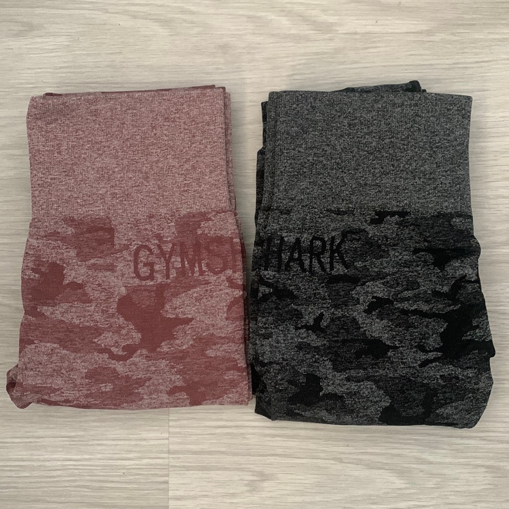 Gymshark Camo Seamless Leggings in Black and Berry Red.